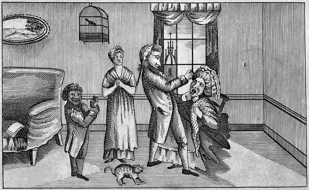 A tooth-drawer extracting a tooth from a fashionable and rich lady, while his black assistant and her white maid attend.…