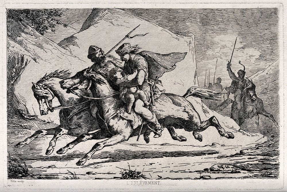 Two men on horseback, one clutching a child are being pursued by others brandishing swords. Etching by D. Félix, 1866.