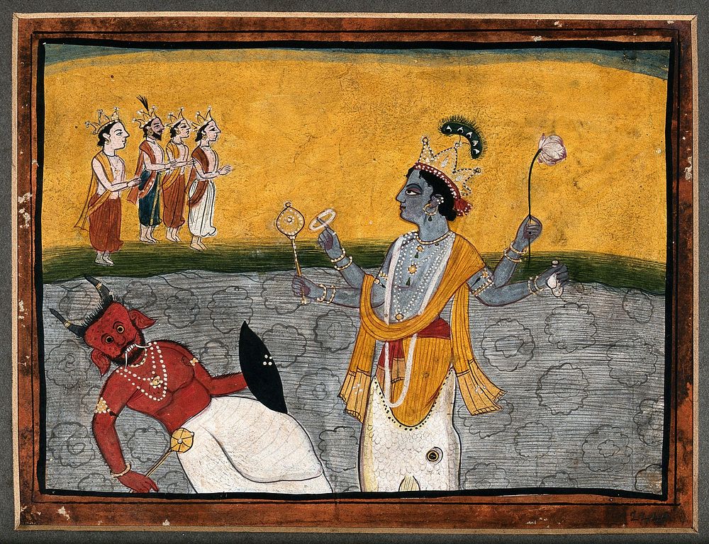 Matsya; avatar of Vishnu, Vishnu emerges from the mouth of a fish to kill the demon king Hayagriva. Gouache painting by an…