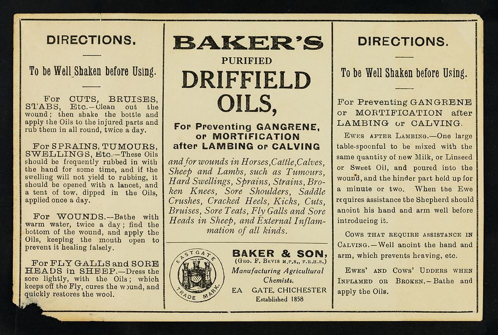 Baker's Purified Driffield Oils : for preventing gangrene, or mortification after lambing or calving and for wounds in…