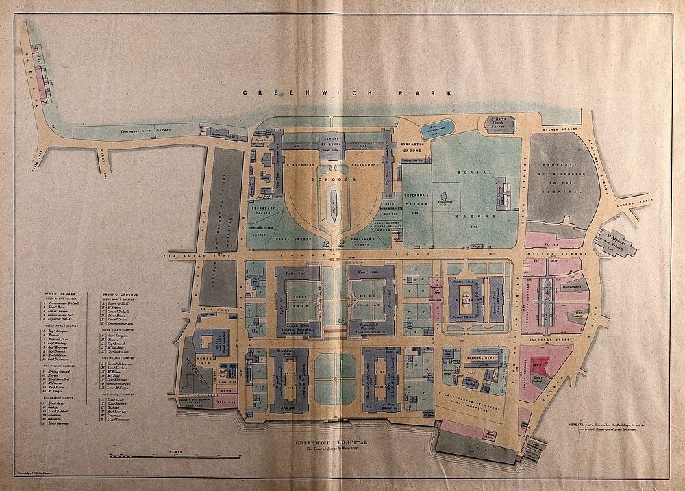 A general plan of the layout of the Royal Naval Hospital, Greenwich, with a scale and a key to wash houses and drying…