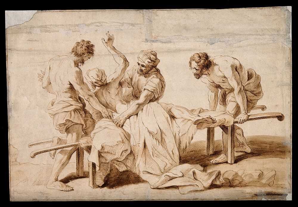 An epileptic or sick person having a fit on a stretcher, two men try to restrain him. Ink drawing attributed to J.B.…