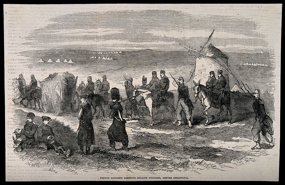 Crimean War: French ambulance men carrying the English wounded before Sebastopol. Wood engraving.