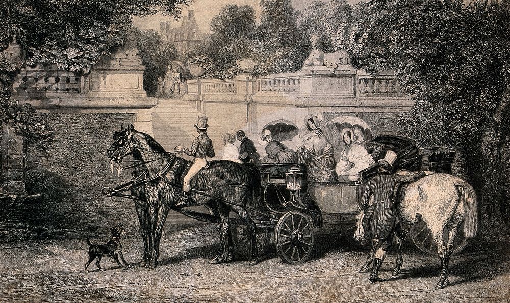 A party of finely-dressed women is arriving by carriage and horses at the steps of a mansion set in spacious grounds.…