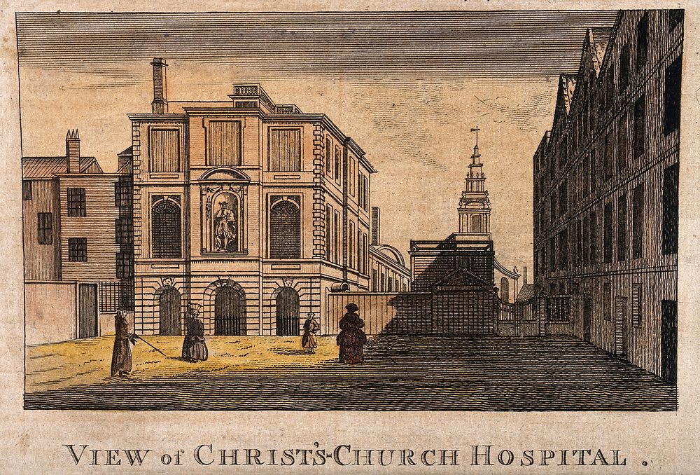Christ's Hospital, London: the exterior. Coloured engraving.