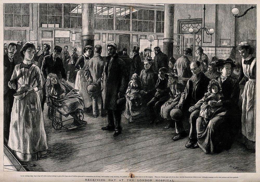 The London Hospital, Whitechapel: receiving day for outpatients. Process print after W. W. Russell.