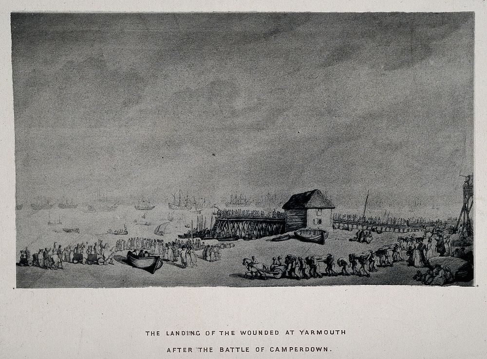 The landing of the wounded at Yarmouth. Reproduction of a painting.