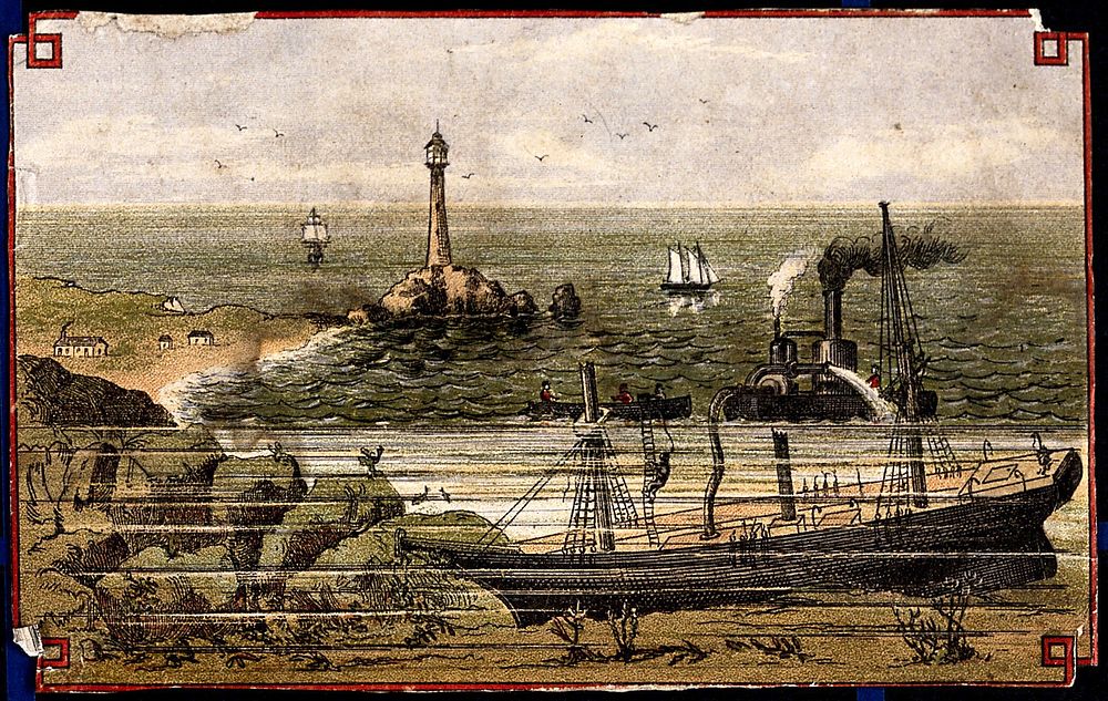 Engineering: a lighthouse, with a pump clearing a wreck. Coloured lithograph, [post 1875].