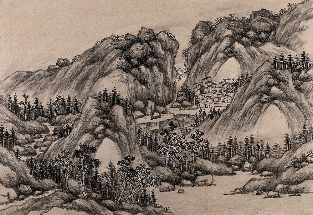 A Chinese landscape of hills and forests. Gouache by a Chinese artist, ca. 1850.
