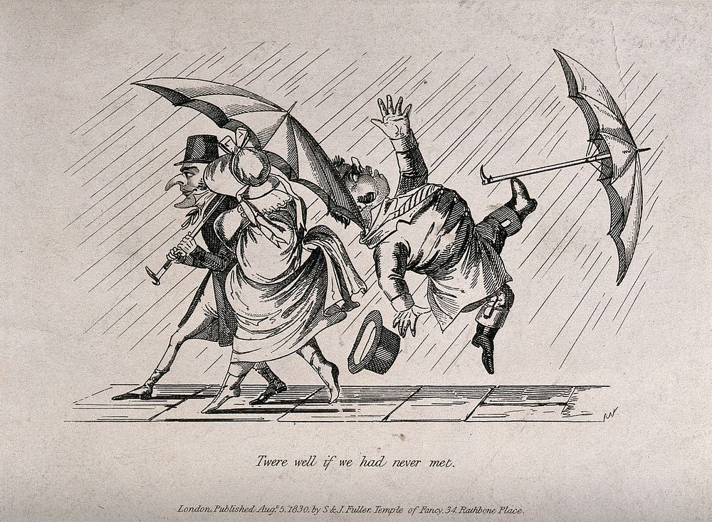 A man and his umbrella are knocked off the ground as a couple pass him with their umbrella. Etching.