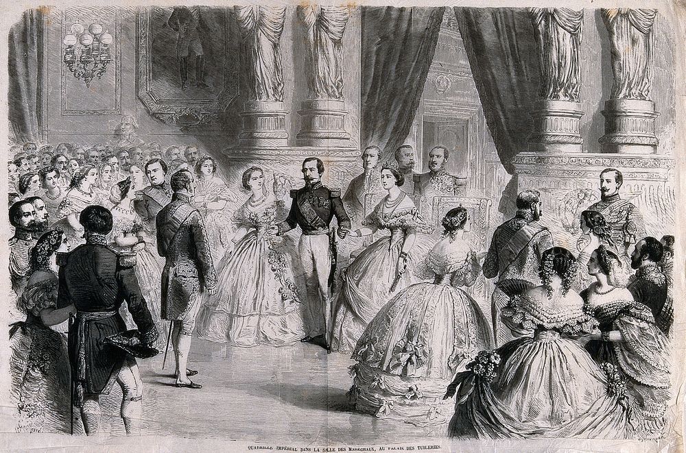 A ball in the Palais des Tuileries: the Emperor Napoleon III and the Empress Eugénie  take part in a quadrille. Wood…
