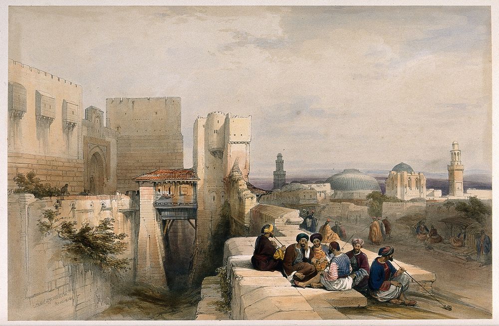 Men sitting to smoke by the citadel of Jerusalem. Coloured lithograph by L. Haghe after D. Roberts, 1841.
