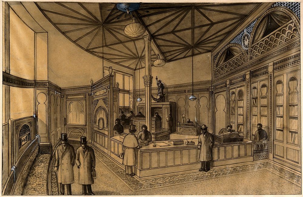 Snow Hill Buildings, London, headquarters of Burroughs Wellcome Co.: interior, 1885. Pencil drawing.