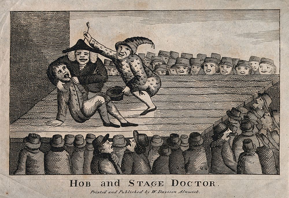 A theatrical performance of a tooth-drawer extracting a tooth from a patient, accompanied by a zany. Etching.