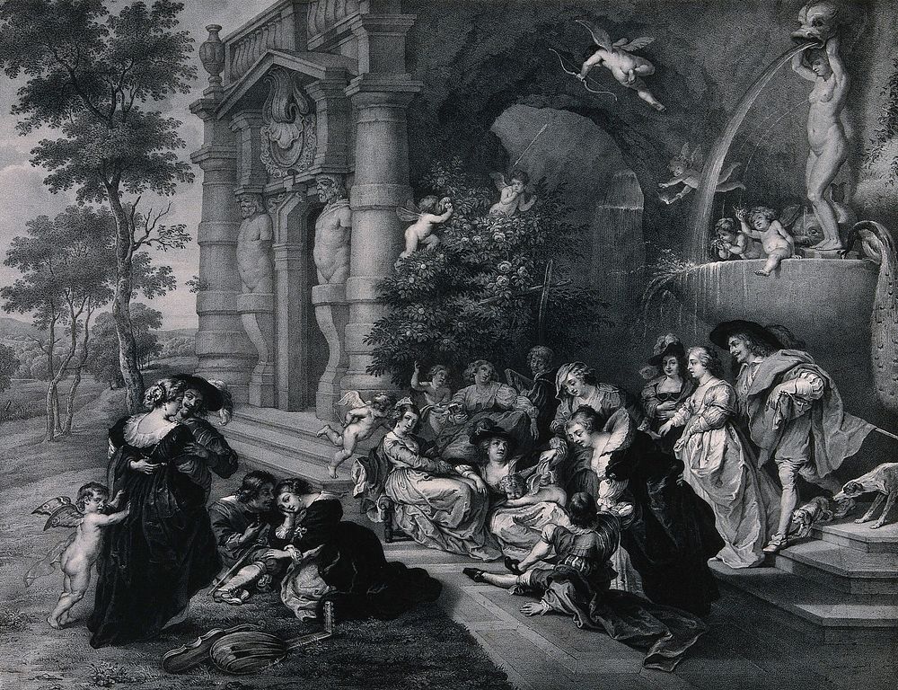 Men, women and children are playing and sitting on the grass near a fountain in a park. Lithograph after P.P. Rubens.