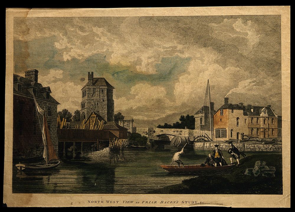 Roger Bacon: the tower known as Roger Bacon's study, Oxford. Coloured line engraving by M.A. Rooker, ca. 1780.