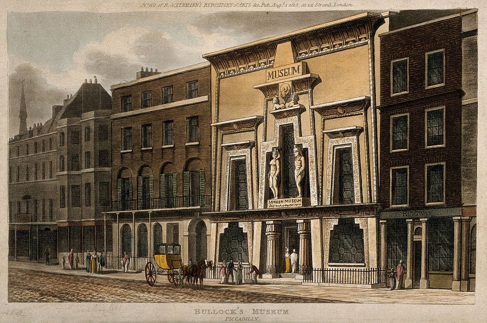Bullock's Museum, (Egyptian Hall or London Museum), Piccadilly. Coloured aquatint, attributed to T. H. Shepherd, 1815.