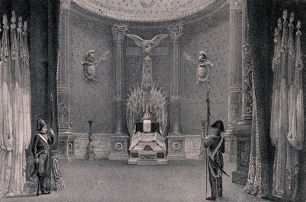 Mausoleum containing the remains of Napoleon Bonaparte in Paris in the Chapel of St. Jerome. Lithograph by J. Arnout.