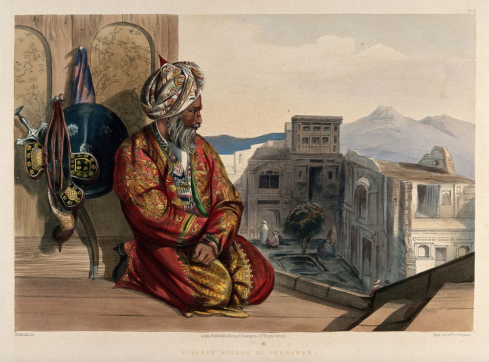 Old Hindu man in contemplation, Peshawar, Pakistan. Coloured lithograph by R. Carrick after Lieutenant James Rattray, c.…