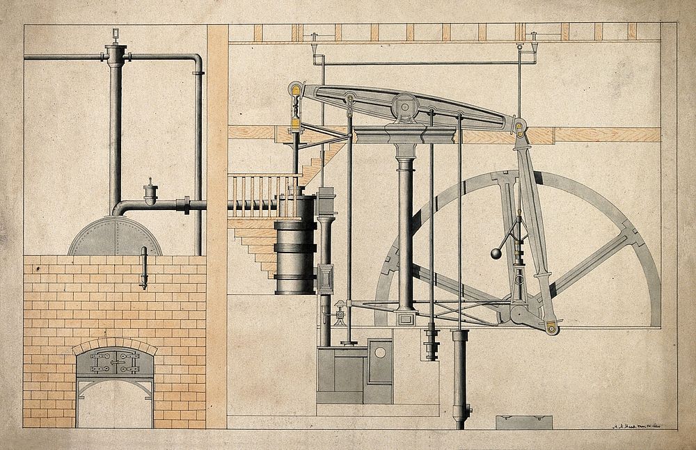 Engineering: a large double-chamber steam engine, with a flywheel. Coloured drawing.