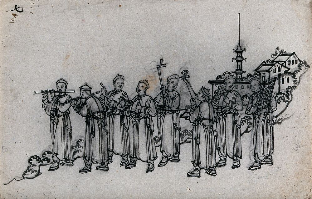 A Chinese procession of musicians, in honour of the god of spring. Ink drawing, China, 18--.