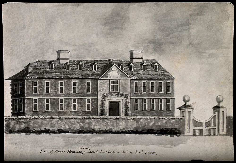 Stone's Hospital, Oxford: panoramic view. Watercolour drawing, 1805.