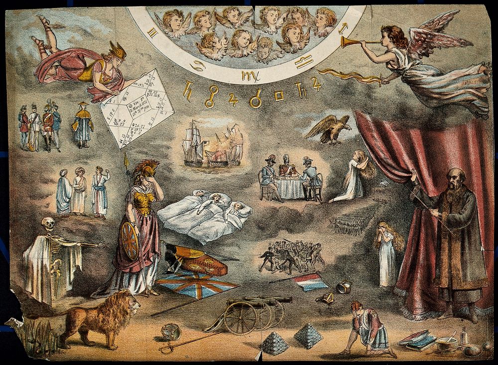 Astronomy: various apocalyptic scenes, including Napoleon III, death showing his handiwork, a weeping Britannia beside a…