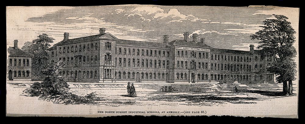 The North Surrey Industrial schools, Annerly, Surrey. Wood engraving.