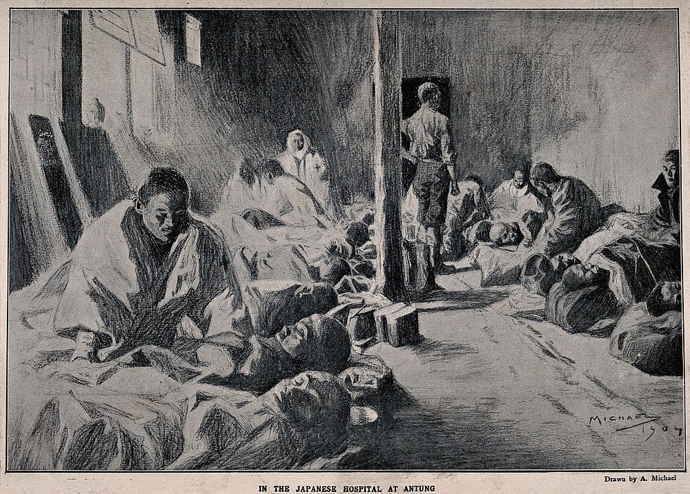 Russo-Japanese War: patients lying on the floor in the Japanese field hospital at Antung. Halftone after A. Michael, 1904.