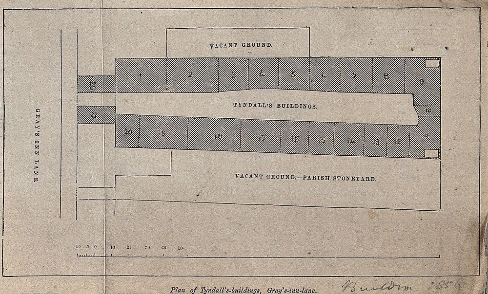 Plan of Tyndall's buildings, Gray's Inn Lane. Wood engraving, 1856.