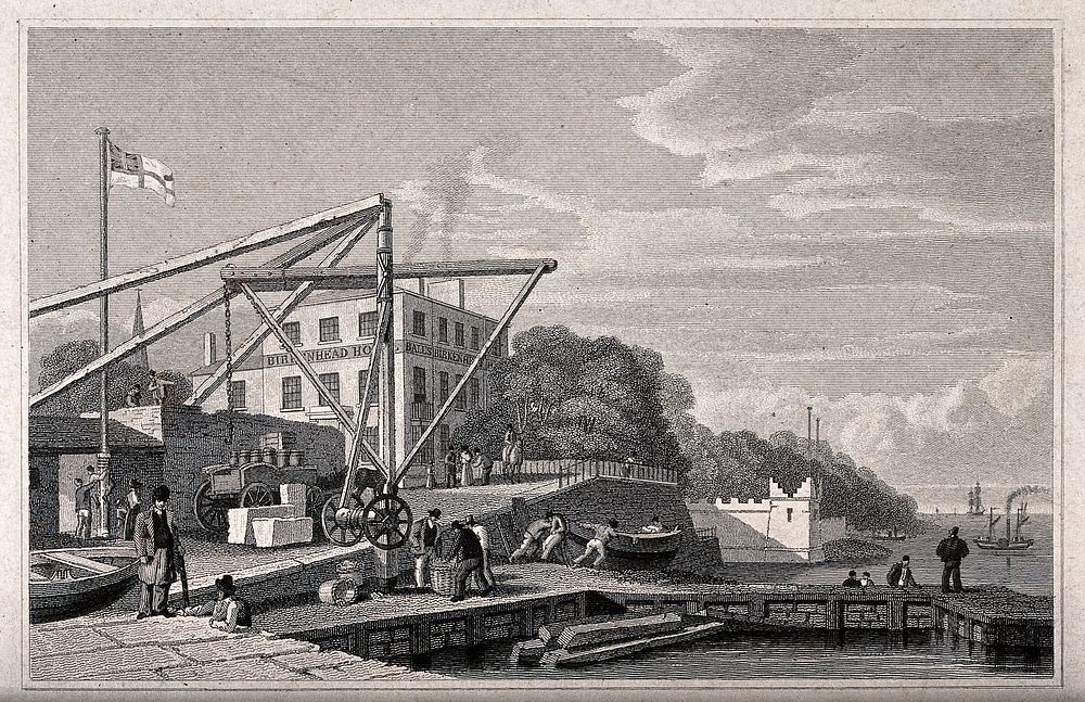 Birkenhead Ferry, opposite Liverpool: dockside scene with men working near a crane. Engraving by J. Davies, 1831, after C.…