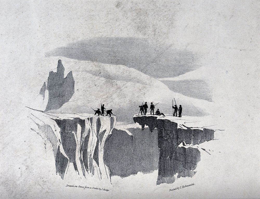 The ascent of Mont Blanc by John Auldjo's party in 1827: traversing a gap in a glacier. Lithograph after J. Auldjo, 1828.