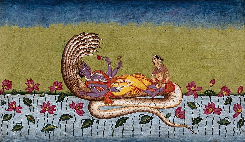 Lord Vishnu lying on the thousand-headed lord of the serpents, Anantha. Gouache painting by an Indian artist.