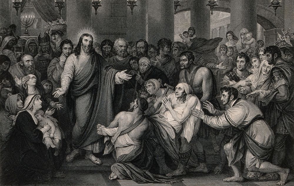 Crowds gather as Christ heals sick people. Engraving by T. Phillibrown after B. West.