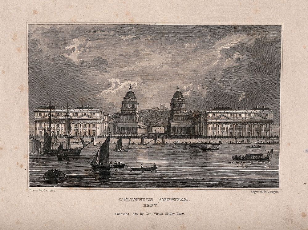 Royal Naval Hospital, Greenwich, with ships and rowing boats in the foreground. Engraving by J. Rogers, 1830, after Campion.
