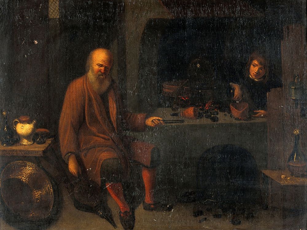 An alchemist in his laboratory. Oil painting by or after David Ryckaert III.