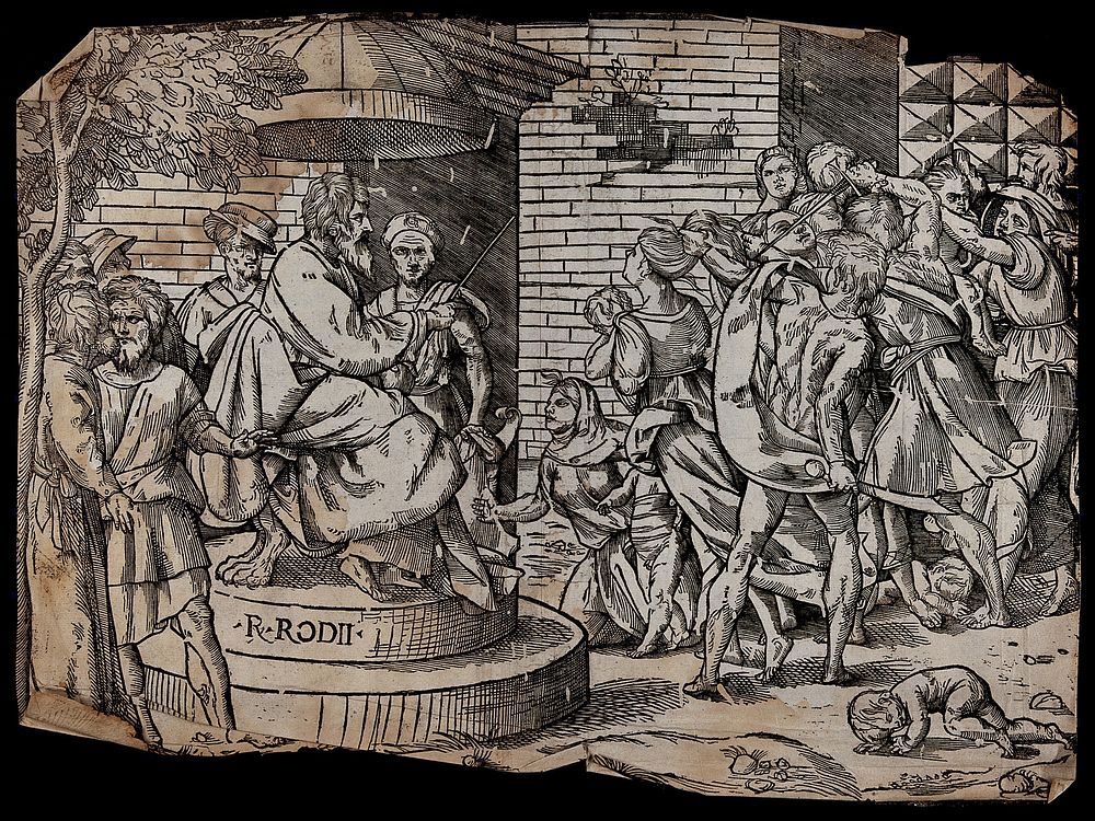 King Herod ordering the massacre of the innocents. Woodcut.