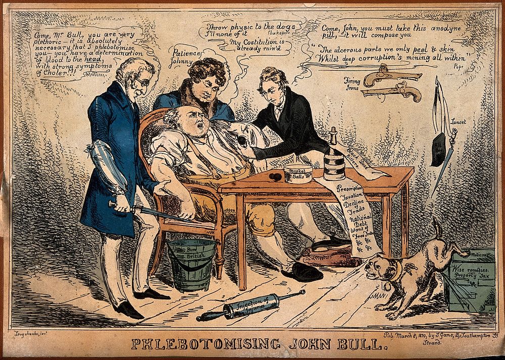 John Bull about to be bled by three doctors; representing Britain's budget manipulated by the cabinet. Coloured etching by…
