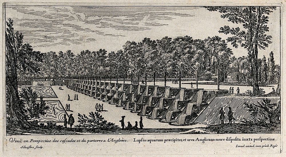 The cascades and the English garden at Liancourt. Etching by I. Silvestre.