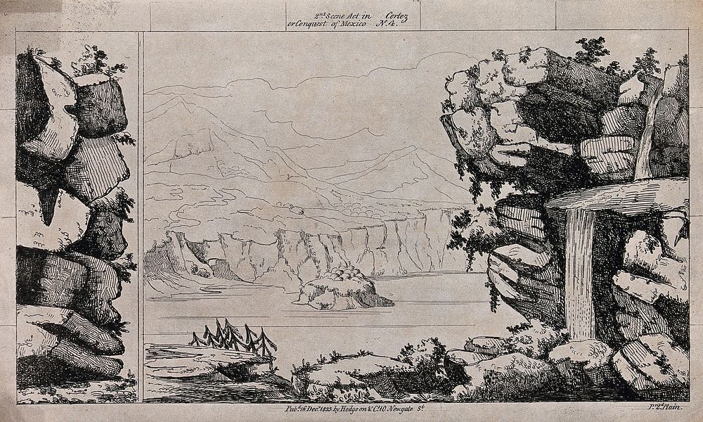Scenery to be used in a toy theatre: a rocky overhang with a water fall looks out over the water towards a a mountainous…