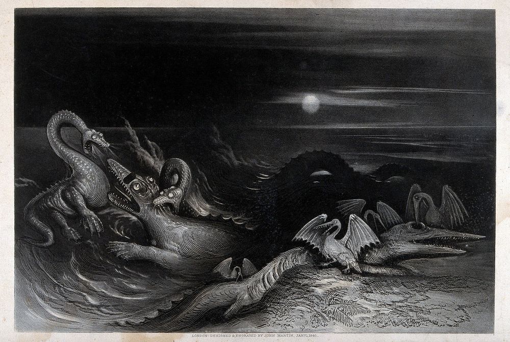 A nocturnal scene with saurians and sea-creatures fighting each other in the water. Mezzotint by J. Martin.