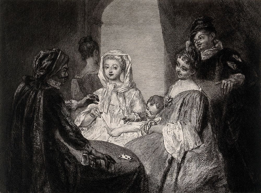 Two ladies, seated, with a child between them, being entertained by a magician who performs tricks with cups and balls.…