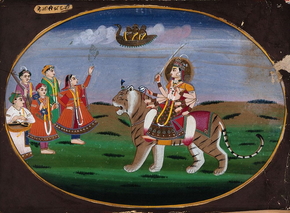 Devi Durga seated on a tiger facing a group of musicians and a dancing girl, who waves to a bird  in the sky carrying three…