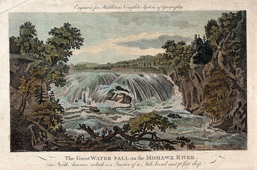 Geography: a waterfall on the Mohawk river, North America. Coloured engraving, c.1740.