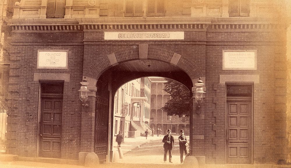 Bellevue Hospital, New York City: the entrance gateway. Photograph.