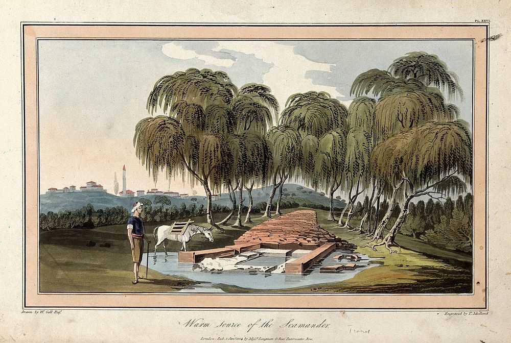 Warm source of the Scamander. Coloured etching by T. Medland, 1804, after W. Gell.