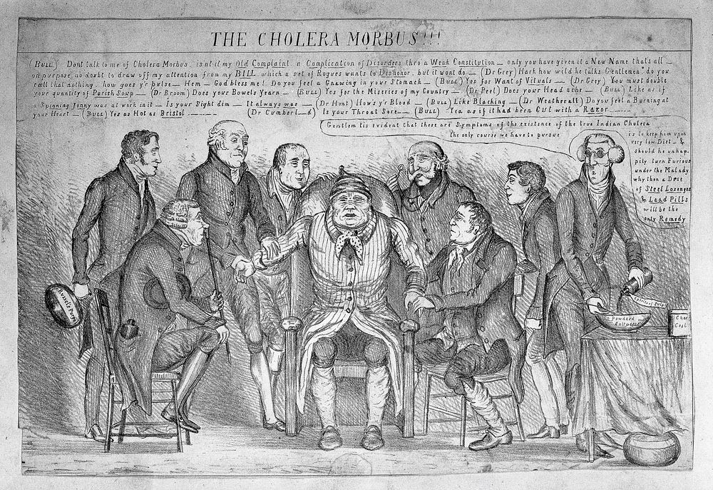 John Bull being examined by eight doctors representing politicians, who diagnose his illness as cholera. Lithograph, ca.…