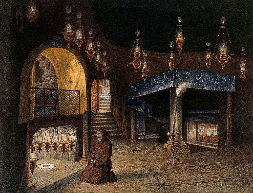 Bethlehem: a monk praying in the chapel of the Nativity. Chromolithograph by H. Clerget and J. Gaildrau after F.E. Pâris…
