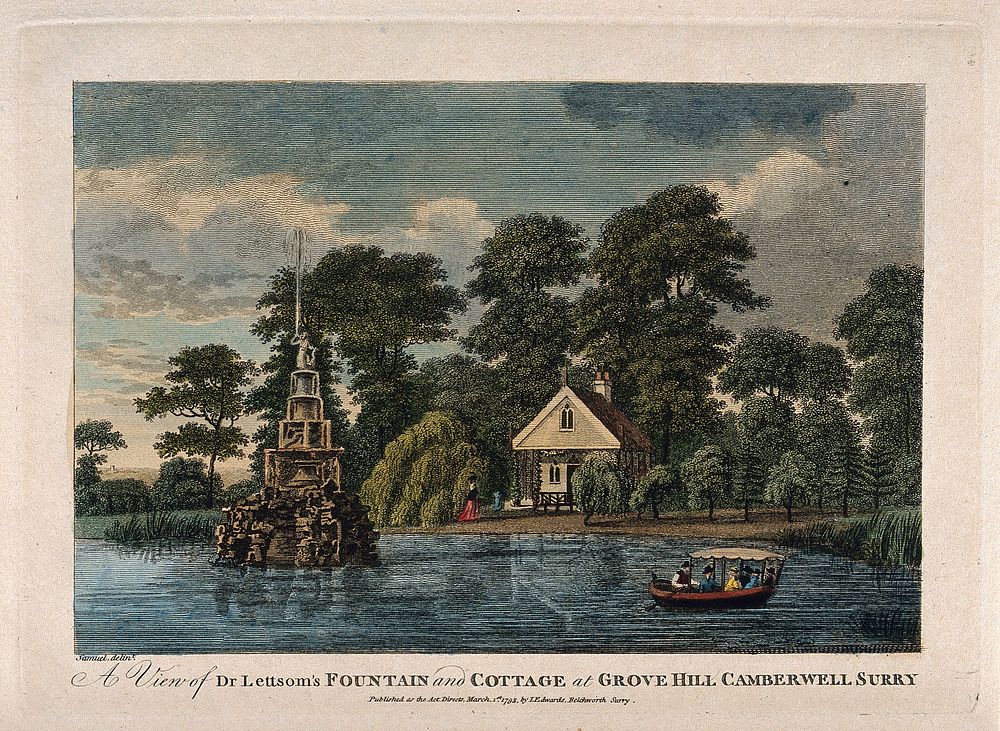 John Coakley Lettsom's gardens: a view of the fountain and cottage at Grove Hill, Camberwell, Surrey. Coloured engraving…
