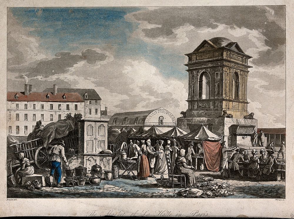 The market place of Les Halles in Paris. Coloured aquatint by J. Merigot after J. Bryant.